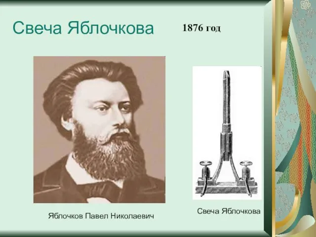 Свеча Яблочкова Яблочков Павел Николаевич Свеча Яблочкова 1876 год