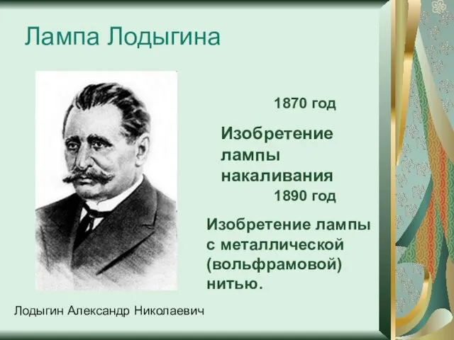 Лодыгин Александр Николаевич Лампа Лодыгина Изобретение лампы накаливания 1870 год