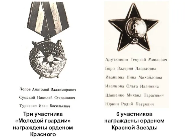 Три участника «Молодой гвардии» награждены орденом Красного Знамени 6 участников награждены орденом Красной Звезды