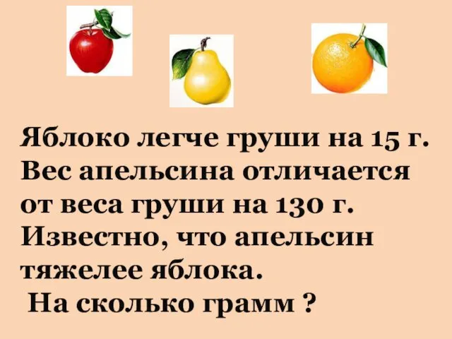 Яблоко легче груши на 15 г. Вес апельсина отличается от