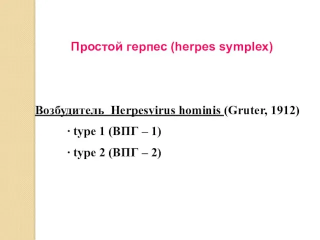 Простой герпес (herpes symplex) Возбудитель Herpesvirus hominis (Gruter, 1912) ∙ type 1 (ВПГ