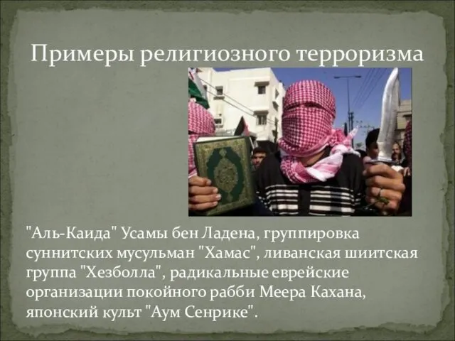 "Аль-Каида" Усамы бен Ладена, группировка суннитских мусульман "Хамас", ливанская шиитская