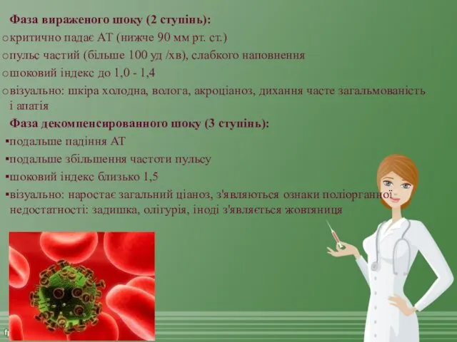 Фаза вираженого шоку (2 ступінь): критично падає АТ (нижче 90