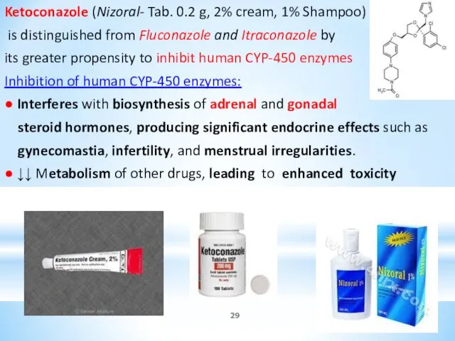 Ketoconazole (Nizoral- Tab. 0.2 g, 2% cream, 1% Shampoo) is