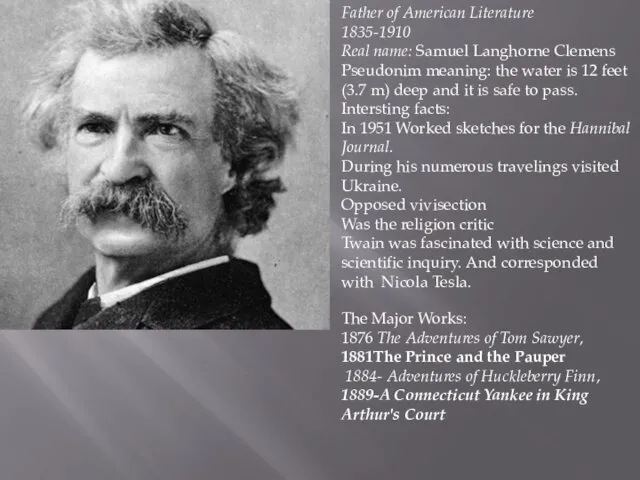 Father of American Literature 1835-1910 Real name: Samuel Langhorne Clemens