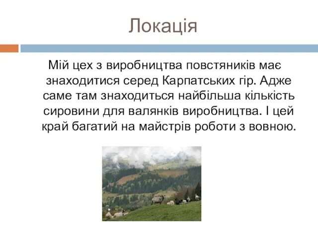 Локація Мій цех з виробництва повстяників має знаходитися серед Карпатських гір. Адже саме