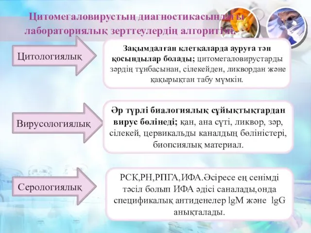 Цитомегаловирустың диагностикасындағы лабораториялық зерттеулердің алгоритімі. Цитологиялық Вирусологиялық Серологиялық Зақымдалған клеткаларда