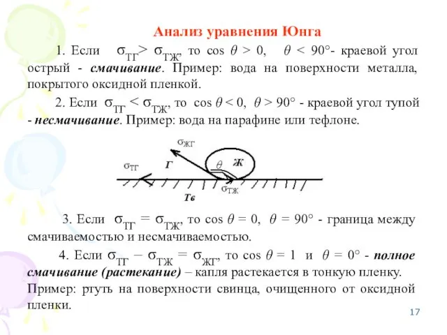 Анализ уравнения Юнга 1. Если σТГ> σТЖ, то cos θ