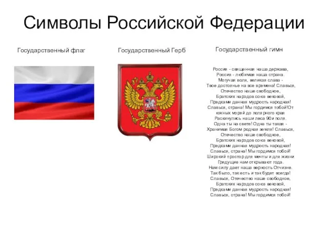 Символы Российской Федерации Государственный флаг Государственный Герб Государственный гимн Россия