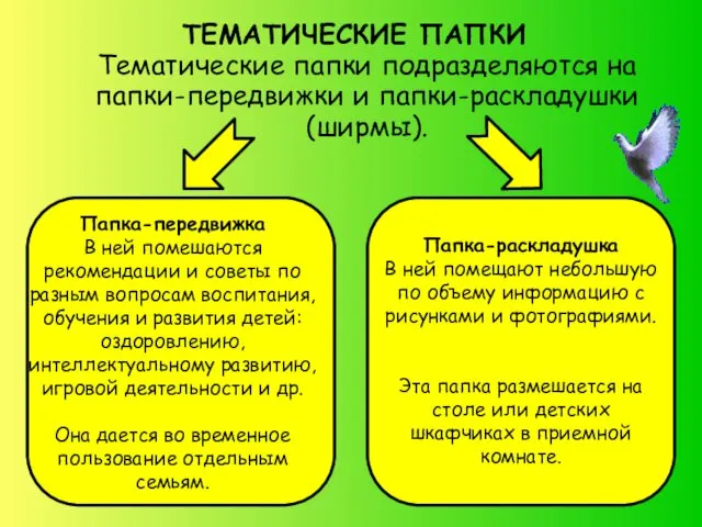 ТЕМАТИЧЕСКИЕ ПАПКИ Тематические папки подразделяются на папки-передвижки и папки-раскладушки (ширмы).