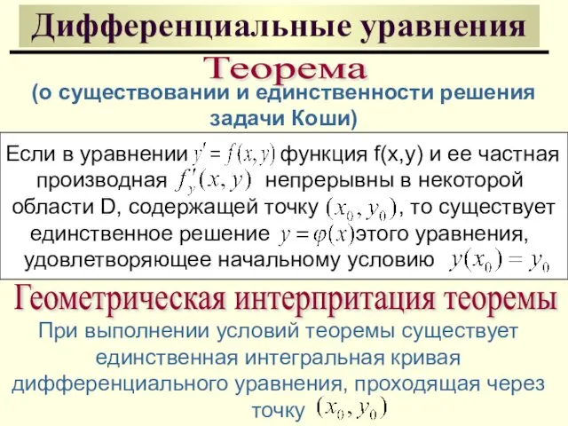 Дифференциальные уравнения Теорема Если в уравнении функция f(x,y) и ее