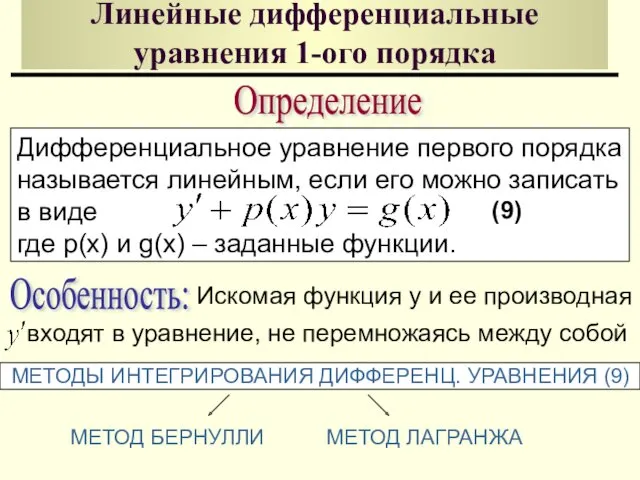 Линейные дифференциальные уравнения 1-ого порядка Определение Дифференциальное уравнение первого порядка