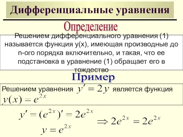 Дифференциальные уравнения Определение Решением дифференциального уравнения (1) называется функция y(x),