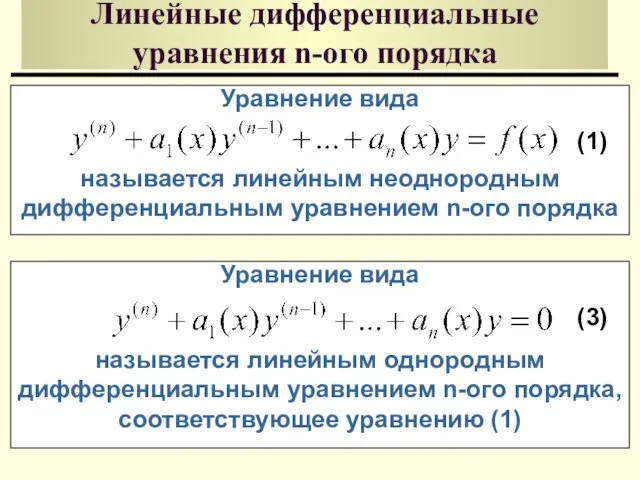 Линейные дифференциальные уравнения n-ого порядка (1) Уравнение вида называется линейным