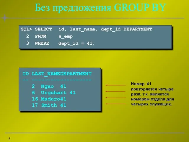Без предложения GROUP BY ID LAST_NAME DEPARTMENT -- --------- ----------