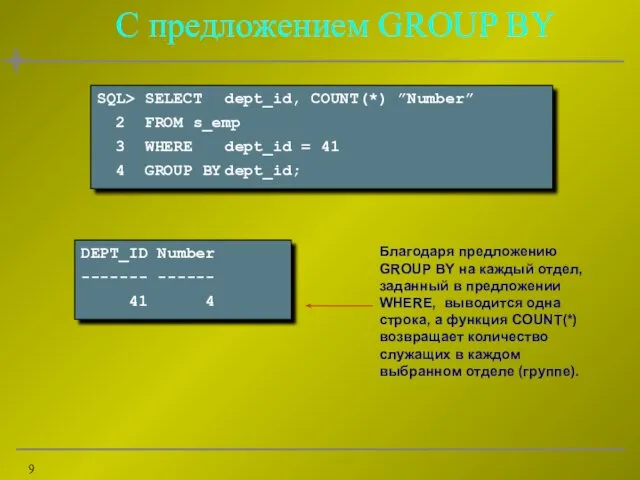 С предложением GROUP BY Благодаря предложению GROUP BY на каждый