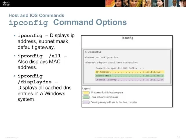 Host and IOS Commands ipconfig Command Options ipconfig – Displays