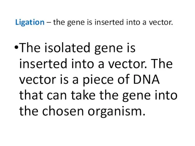 Ligation – the gene is inserted into a vector. The isolated gene is
