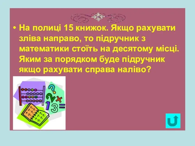 На полиці 15 книжок. Якщо рахувати зліва направо, то підручник