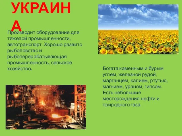 УКРАИНА Производит оборудование для тяжелой промышленности, автотранспорт. Хорошо развито рыболовство