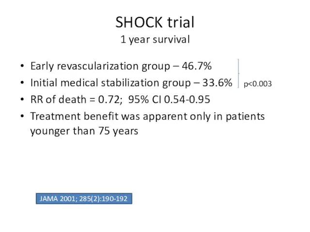 SHOCK trial 1 year survival Early revascularization group – 46.7% Initial medical stabilization