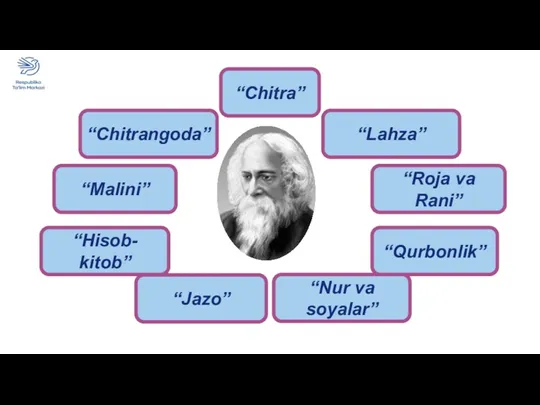 “Nur va soyalar” “Jazo” “Hisob- kitob” “Malini” “Chitrangoda” “Qurbonlik” “Chitra” “Roja va Rani” “Lahza”