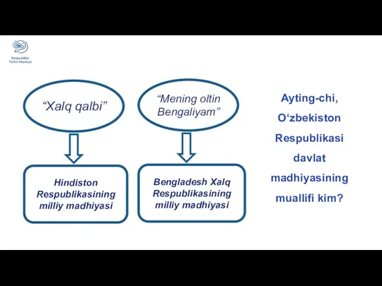 “Xalq qalbi” Hindiston Respublikasining milliy madhiyasi “Mening oltin Bengaliyam” Bengladesh Xalq Respublikasining milliy