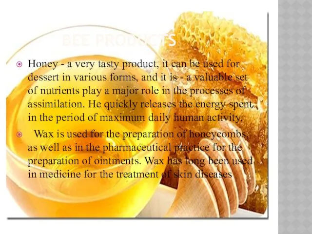 BEE PRODUCTS Honey - a very tasty product, it can