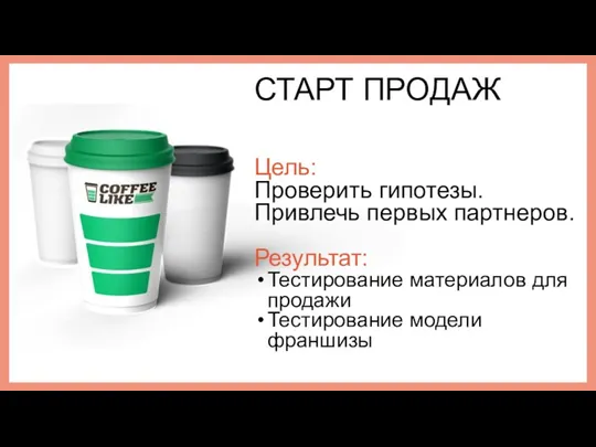 СТАРТ ПРОДАЖ Цель: Проверить гипотезы. Привлечь первых партнеров. Результат: Тестирование материалов для продажи Тестирование модели франшизы