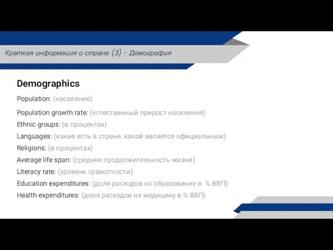 Demographics Population: (население) Population growth rate: (естественный прирост населения) Ethnic