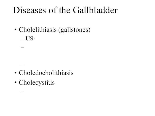 Diseases of the Gallbladder Cholelithiasis (gallstones) US: Choledocholithiasis Cholecystitis