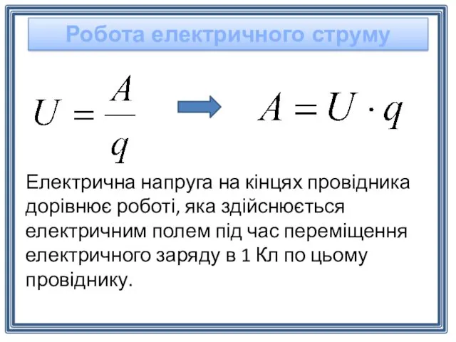 Робота електричного струму Електрична напруга на кінцях провідника дорівнює роботі,