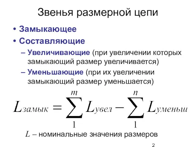 Звенья размерной цепи Замыкающее Составляющие Увеличивающие (при увеличении которых замыкающий