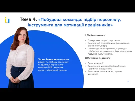 Тема 4. «Побудова команди: підбір персоналу, інструменти для мотивації працівників»