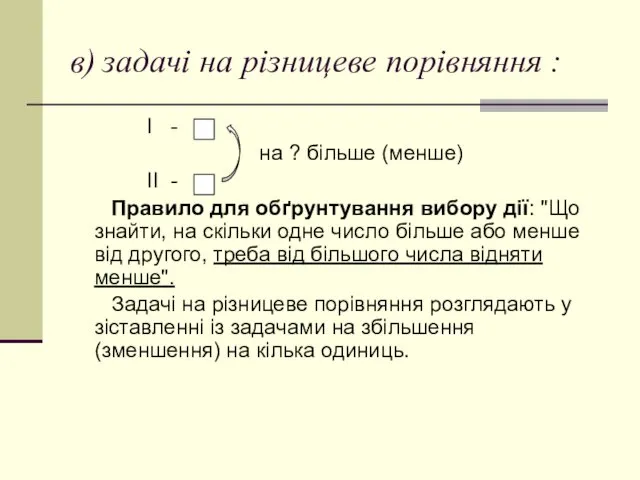 в) задачі на різницеве порівняння : І - на ?