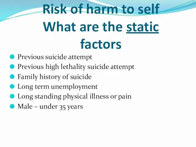 Risk of harm to self What are the static factors