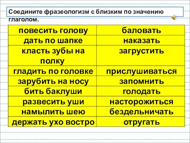 Соедините фразеологизм с близким по значению глаголом.