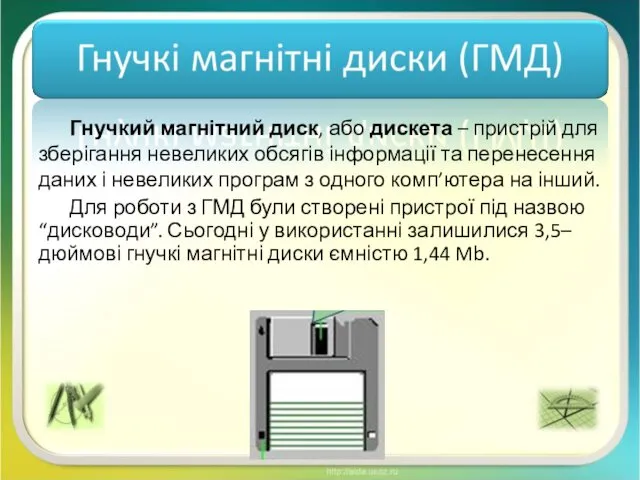 Гнучкий магнітний диск, або дискета – пристрій для зберігання невеликих