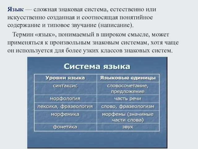 Язык — сложная знаковая система, естественно или искусственно созданная и