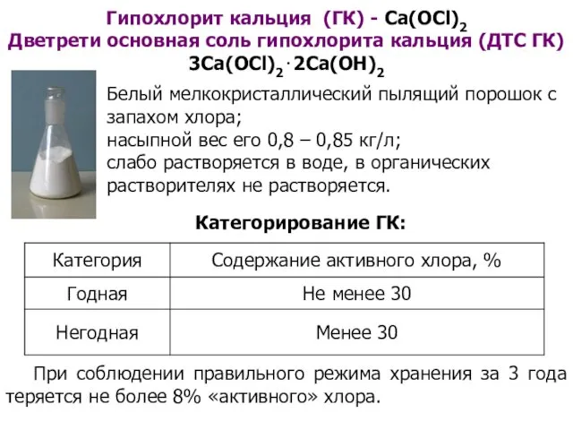 Гипохлорит кальция (ГК) - Ca(OCl)2 Дветрети основная соль гипохлорита кальция