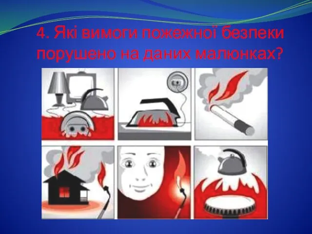 4. Які вимоги пожежної безпеки порушено на даних малюнках?
