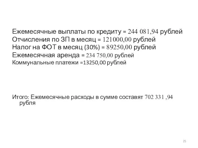Ежемесячные выплаты по кредиту = 244 081,94 рублей Отчисления по ЗП в месяц