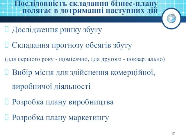 Послідовність складання бізнес-плану полягає в дотриманні наступних дій Дослідження ринку