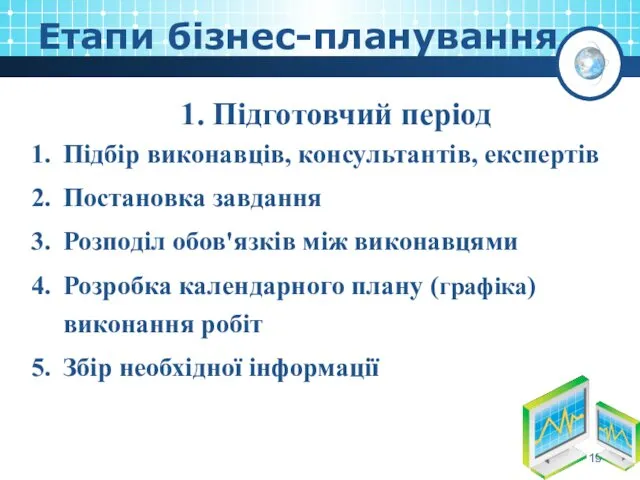 Етапи бізнес-планування 1. Підготовчий період Підбір виконавців, консультантів, експертів Постановка