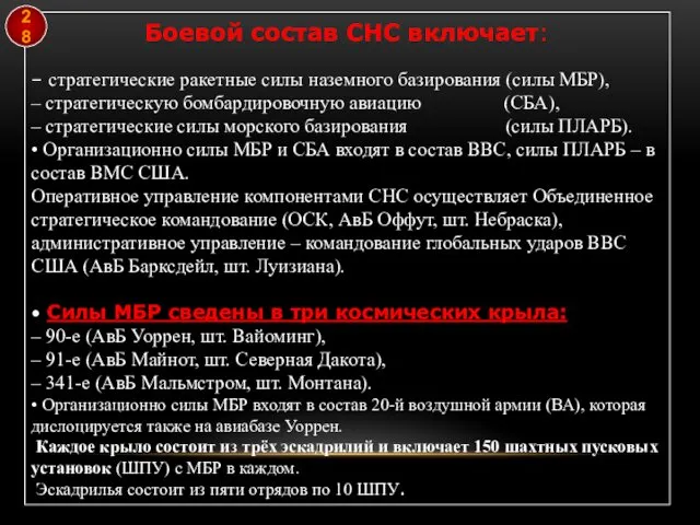 Боевой состав СНС включает: – стратегические ракетные силы наземного базирования