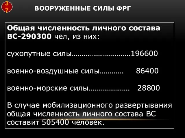 ВООРУЖЕННЫЕ СИЛЫ ФРГ Общая численность личного состава ВС-290300 чел, из