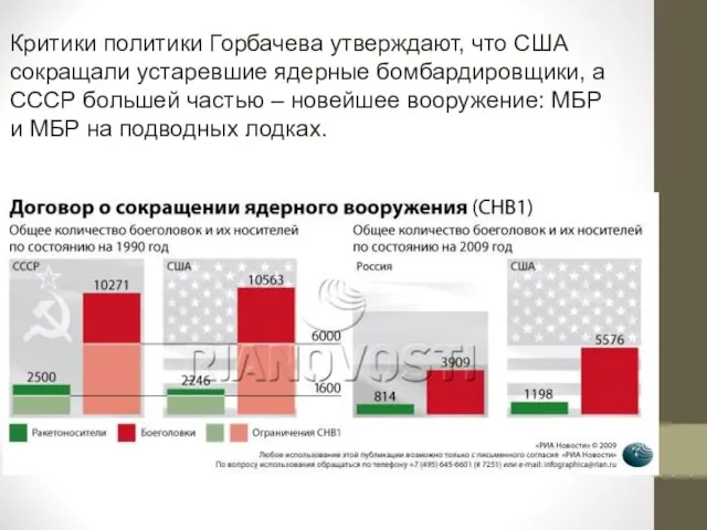 Критики политики Горбачева утверждают, что США сокращали устаревшие ядерные бомбардировщики, а СССР большей