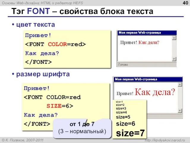 Тэг FONT – свойства блока текста цвет текста размер шрифта Привет! Как дела?