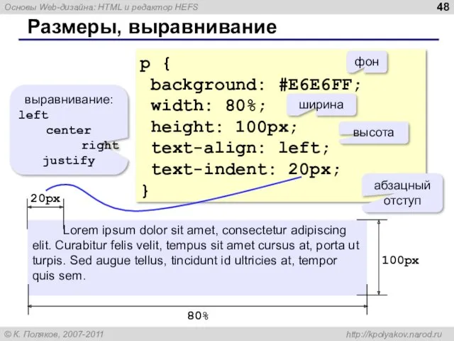 Размеры, выравнивание p { background: #E6E6FF; width: 80%; height: 100px; text-align: left; text-indent: