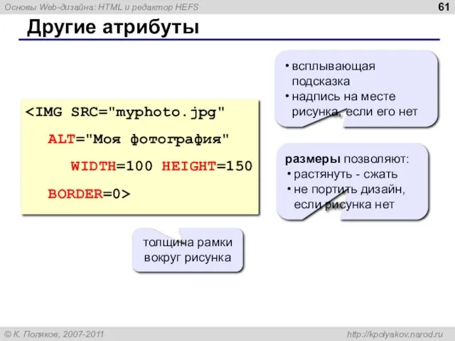 Другие атрибуты всплывающая подсказка надпись на месте рисунка, если его нет размеры позволяют: